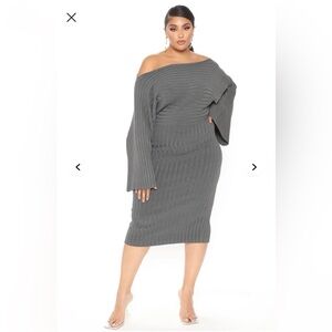 Fashion Nova Gray Off the Shoulder Long Sleeve Midi Sweater Dress.